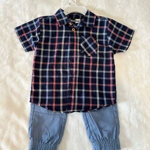 Plaid Short Sleeve Kids Shirt with light blue pants- 18months